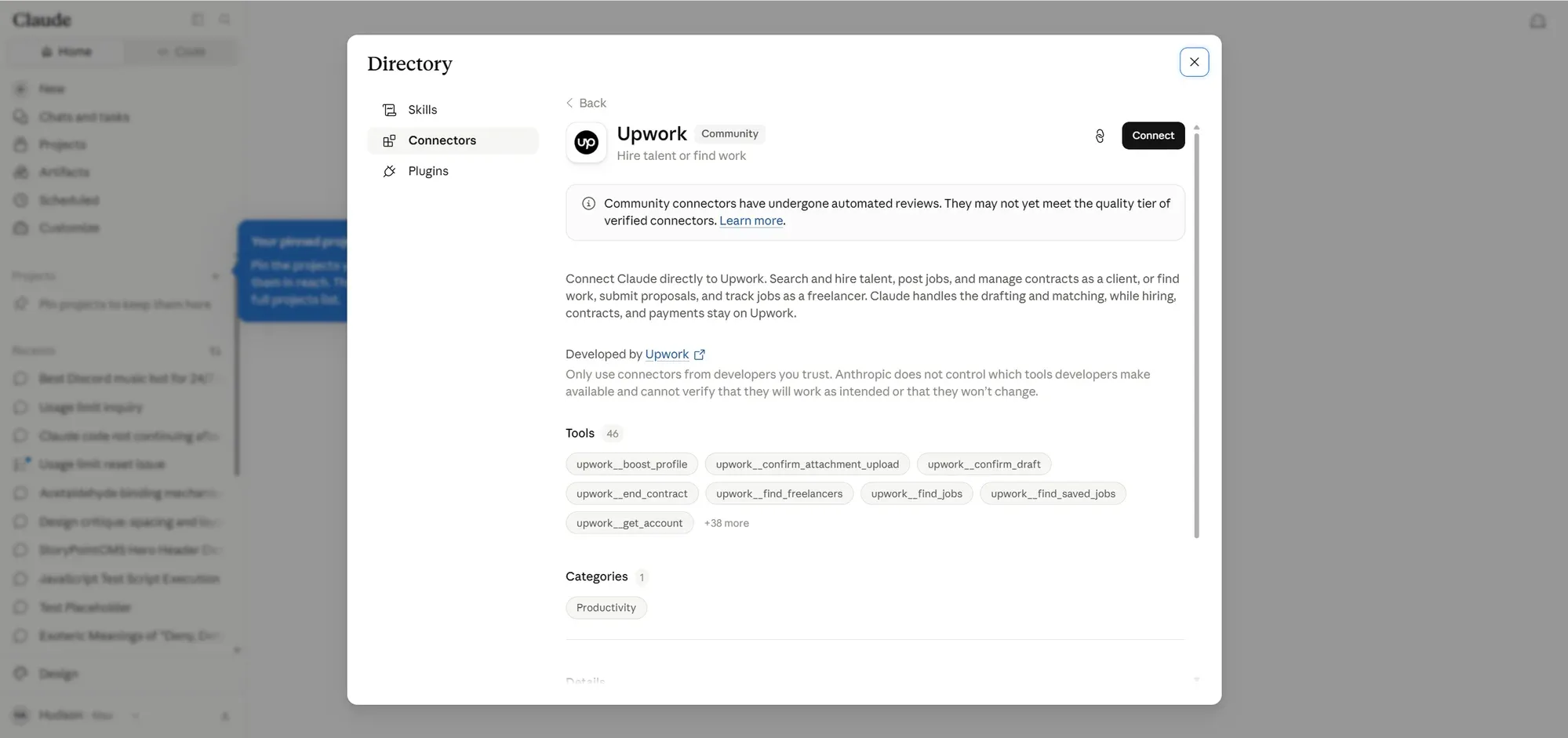 The Upwork entry in Claude's connector directory, labelled Community, listing 46 tools