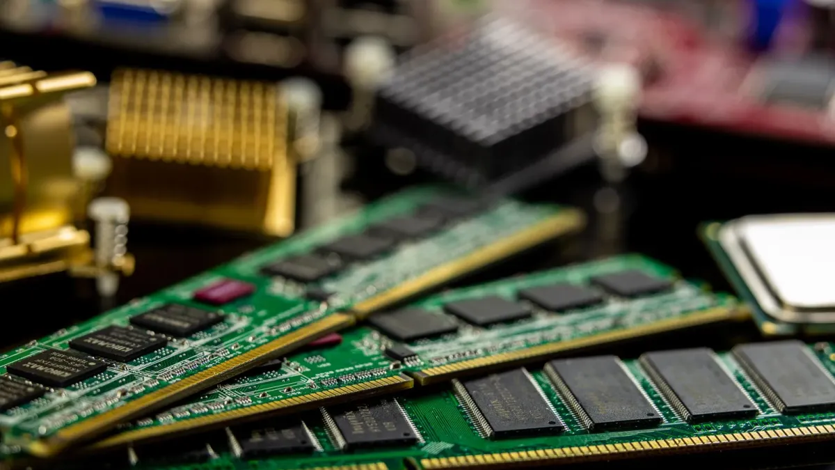 Memory modules and a processor laid out on a workbench